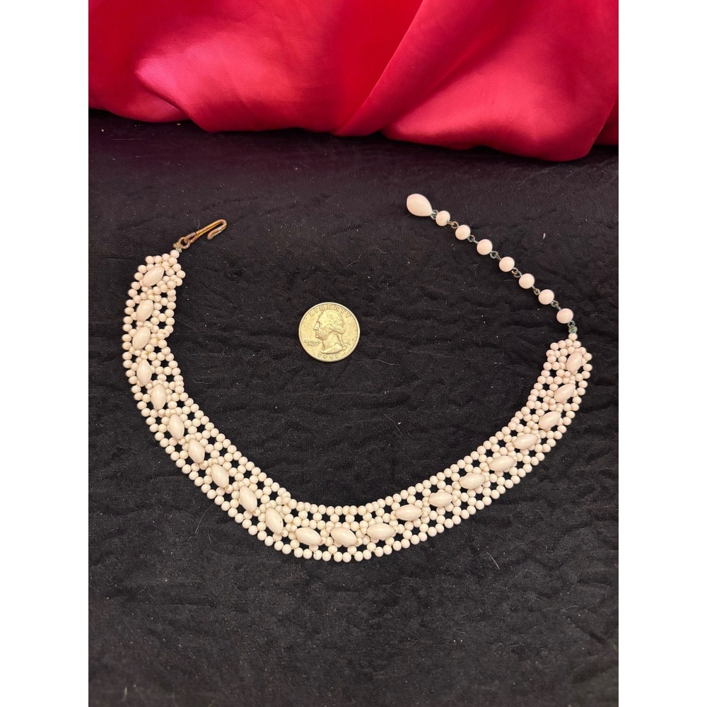 Vintage Milk Glass Bead Choker Necklace Woven Bib Multi Strand White J-Hook